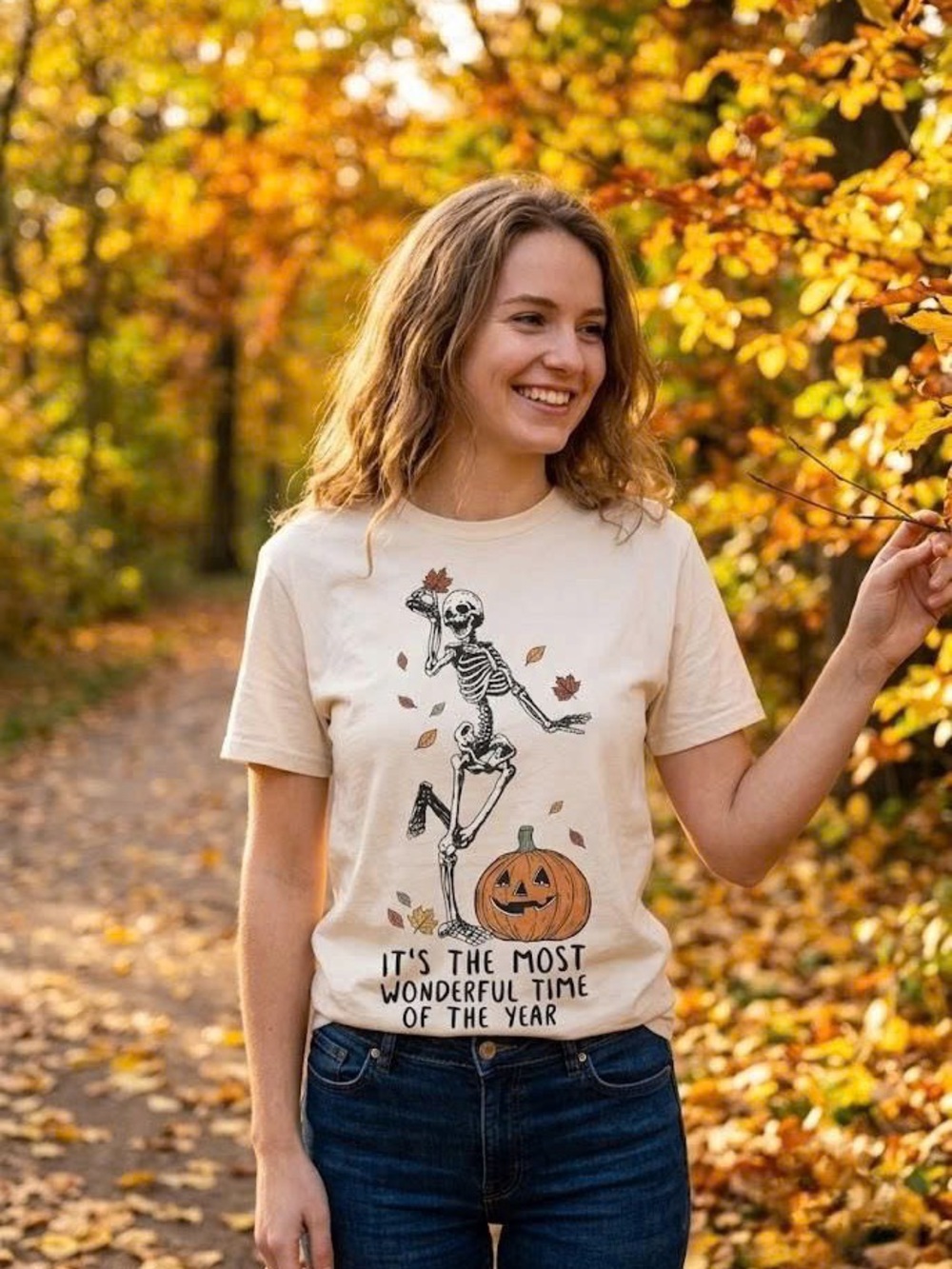 Dancing Skeleton Halloween Graphic Tee Spooky Season Pumpkin Shirt